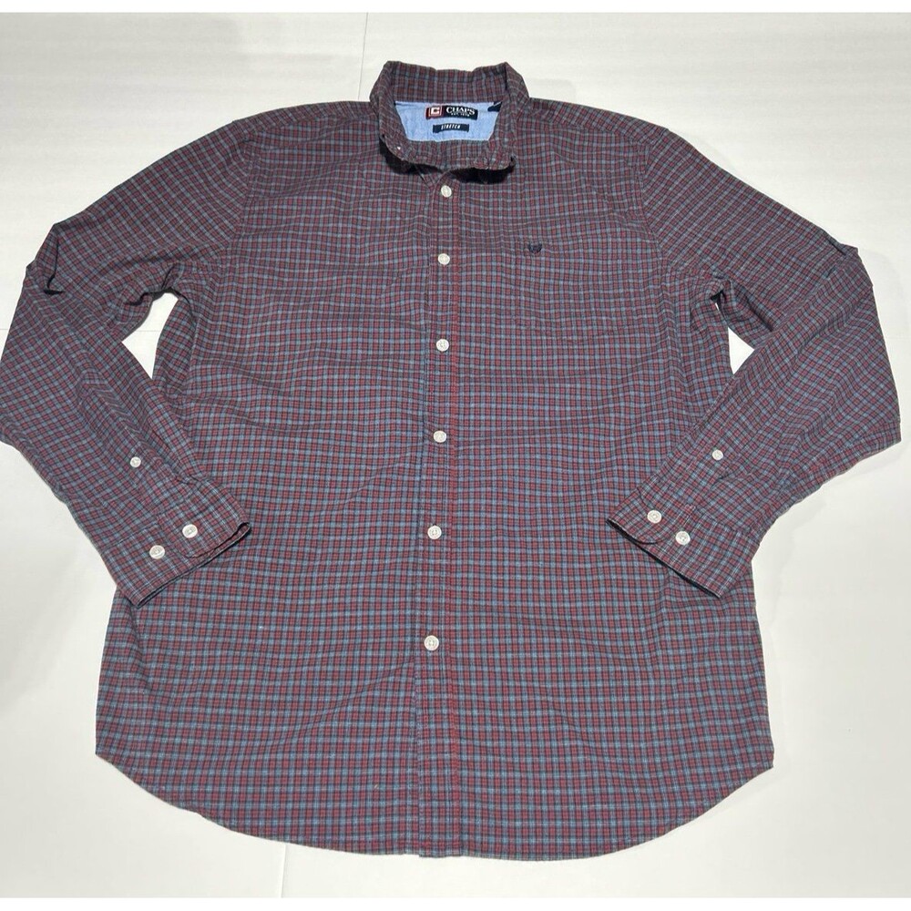 Chaps Men's Large Burgundy and Navy Patterned Button-Down Shirt - Vintage Look